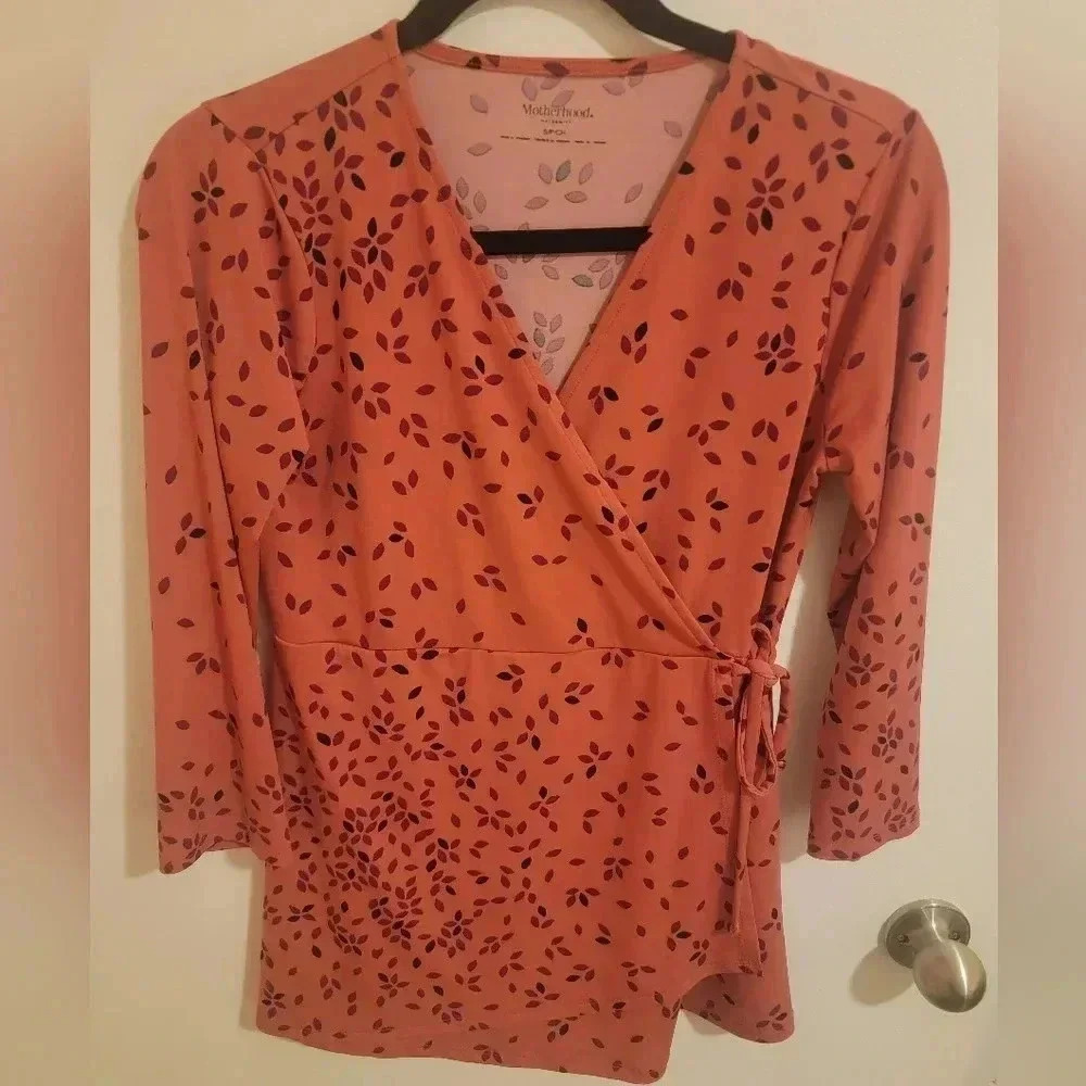 Motherhood Maternity Small Pull On Blouse Vneck Side Tie Bow Leaf Pattern